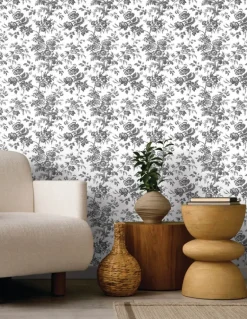 Toile Resource Library Anemone Toile Wallpaper - Black