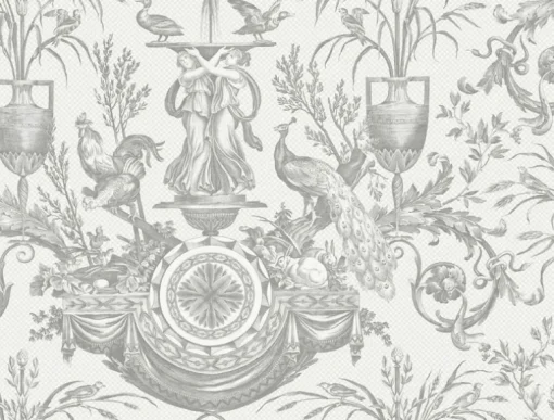 Toile Resource Library Avian Fountain Toile Wallpaper - Gray