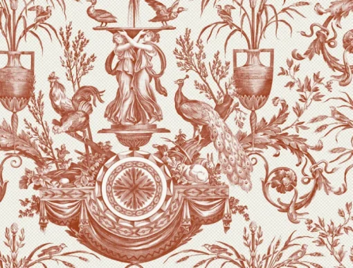 Toile Resource Library Avian Fountain Toile Wallpaper - Red