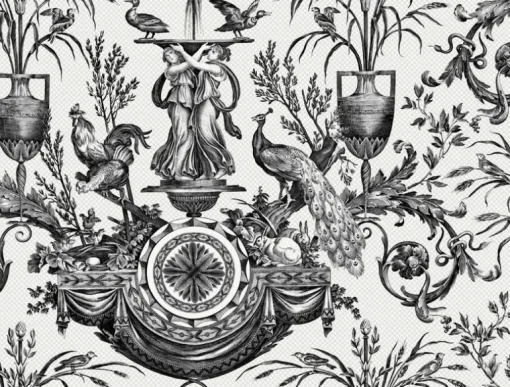 Toile Resource Library Avian Fountain Toile Wallpaper - Black