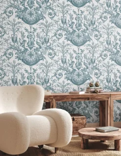 Toile Resource Library Avian Fountain Toile Wallpaper - Blue