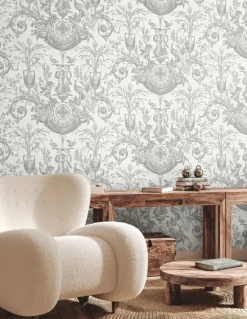 Toile Resource Library Avian Fountain Toile Wallpaper - Gray