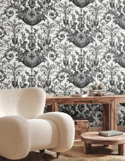 Toile Resource Library Avian Fountain Toile Wallpaper - Black