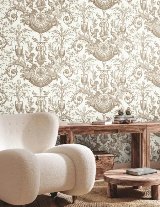 Toile Resource Library Avian Fountain Toile Wallpaper - Brown