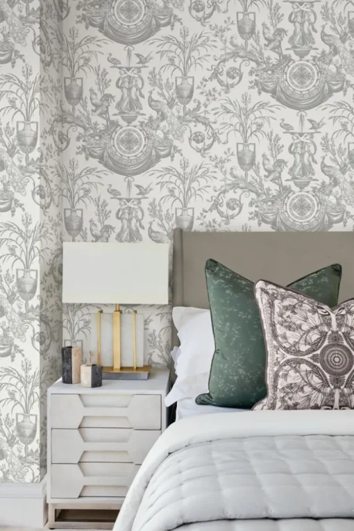Toile Resource Library Avian Fountain Toile Wallpaper - Gray