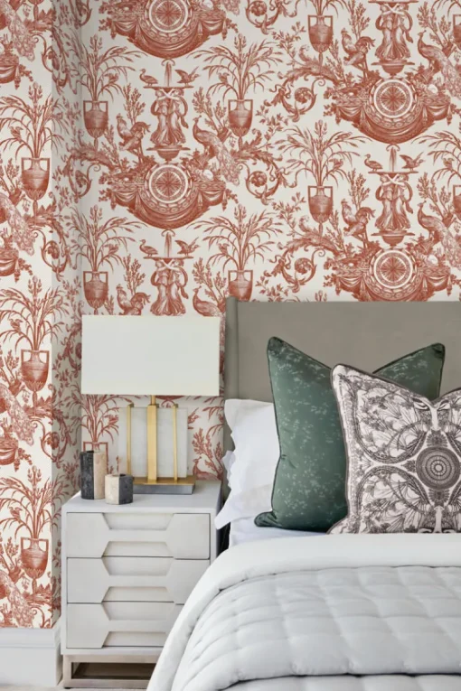 Toile Resource Library Avian Fountain Toile Wallpaper - Red