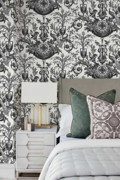 Toile Resource Library Avian Fountain Toile Wallpaper - Black