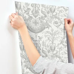 Toile Resource Library Avian Fountain Toile Wallpaper - Gray