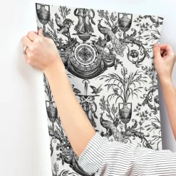 Toile Resource Library Avian Fountain Toile Wallpaper - Black