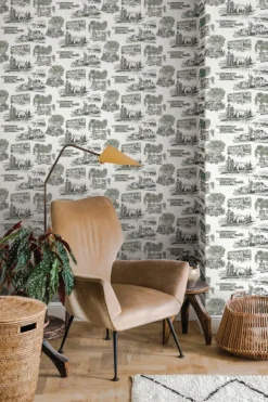 Toile Resource Library Modern Vista Toile Wallpaper - Green