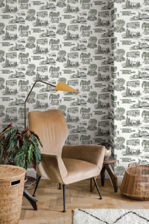 Toile Resource Library Modern Vista Toile Wallpaper - Green