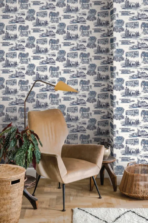 Toile Resource Library Modern Vista Toile Wallpaper - Blue
