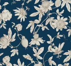 Toile Resource Library Passion Flower Toile Wallpaper - Blue