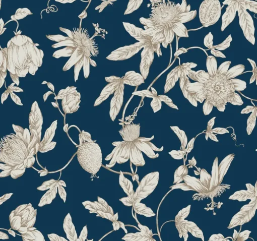 Toile Resource Library Passion Flower Toile Wallpaper - Blue