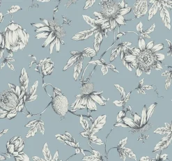 Toile Resource Library Passion Flower Toile Wallpaper - Blue