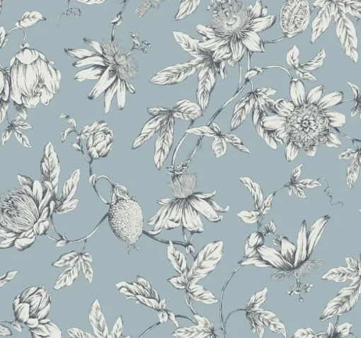 Toile Resource Library Passion Flower Toile Wallpaper - Blue