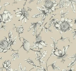 Toile Resource Library Passion Flower Toile Wallpaper - Brown