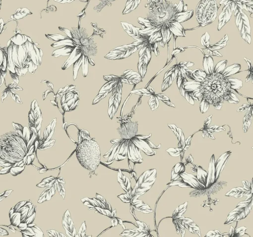 Toile Resource Library Passion Flower Toile Wallpaper - Brown