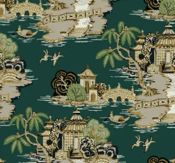Toile Resource Library Pagoda And Sampan Scenic Wallpaper - Green