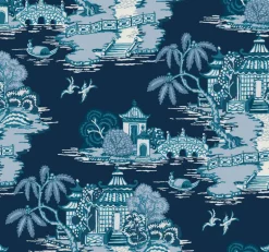 Toile Resource Library Pagoda And Sampan Scenic Wallpaper - Blue