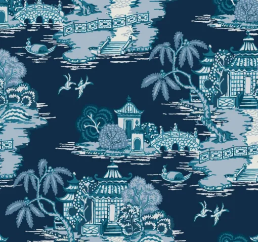 Toile Resource Library Pagoda And Sampan Scenic Wallpaper - Blue