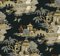 Toile Resource Library Pagoda And Sampan Scenic Wallpaper - Black