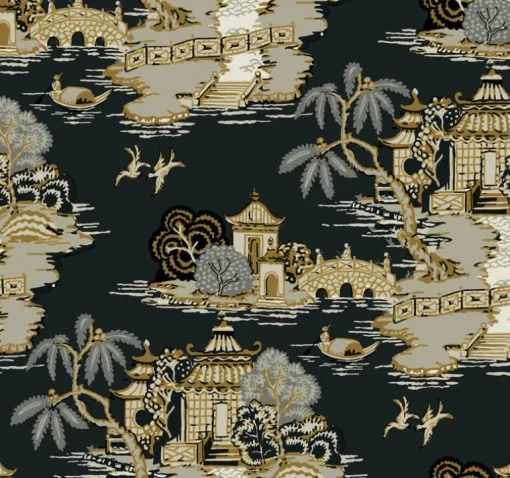 Toile Resource Library Pagoda And Sampan Scenic Wallpaper - Black