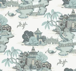 Toile Resource Library Pagoda And Sampan Scenic Wallpaper - Blue
