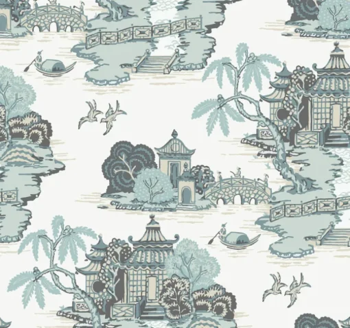 Toile Resource Library Pagoda And Sampan Scenic Wallpaper - Blue