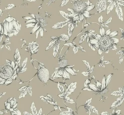Toile Resource Library Passion Flower Toile Wallpaper - Brown