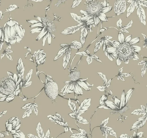 Toile Resource Library Passion Flower Toile Wallpaper - Brown