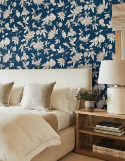 Toile Resource Library Passion Flower Toile Wallpaper - Blue