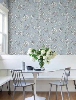 Toile Resource Library Passion Flower Toile Wallpaper - Blue