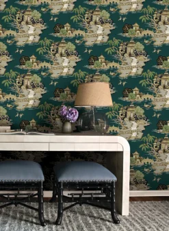 Toile Resource Library Pagoda And Sampan Scenic Wallpaper - Green