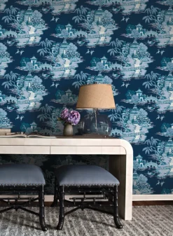 Toile Resource Library Pagoda And Sampan Scenic Wallpaper - Blue