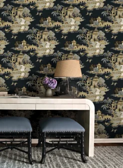 Toile Resource Library Pagoda And Sampan Scenic Wallpaper - Black