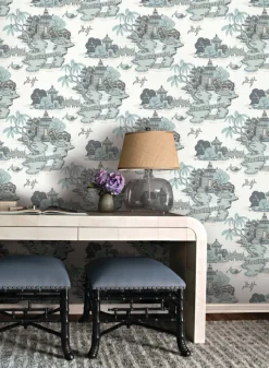 Toile Resource Library Pagoda And Sampan Scenic Wallpaper - Blue