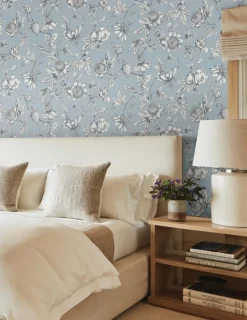 Toile Resource Library Passion Flower Toile Wallpaper - Blue