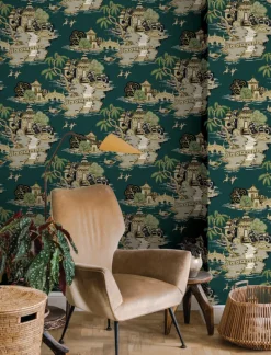 Toile Resource Library Pagoda And Sampan Scenic Wallpaper - Green
