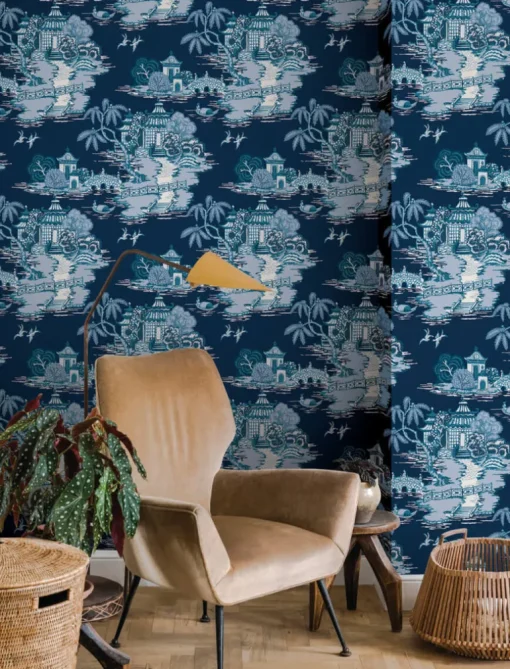 Toile Resource Library Pagoda And Sampan Scenic Wallpaper - Blue