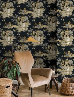 Toile Resource Library Pagoda And Sampan Scenic Wallpaper - Black