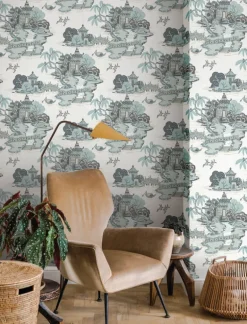 Toile Resource Library Pagoda And Sampan Scenic Wallpaper - Blue