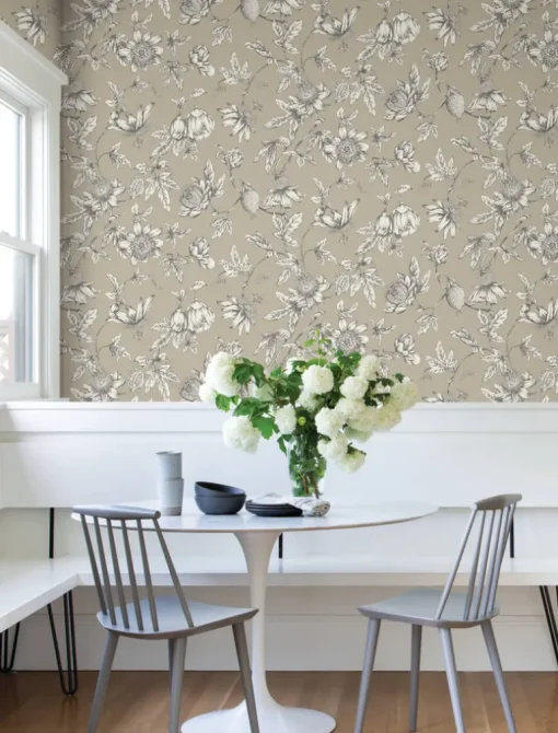Toile Resource Library Passion Flower Toile Wallpaper - Brown