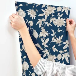 Toile Resource Library Passion Flower Toile Wallpaper - Blue