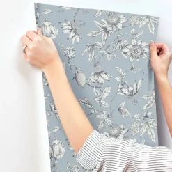 Toile Resource Library Passion Flower Toile Wallpaper - Blue