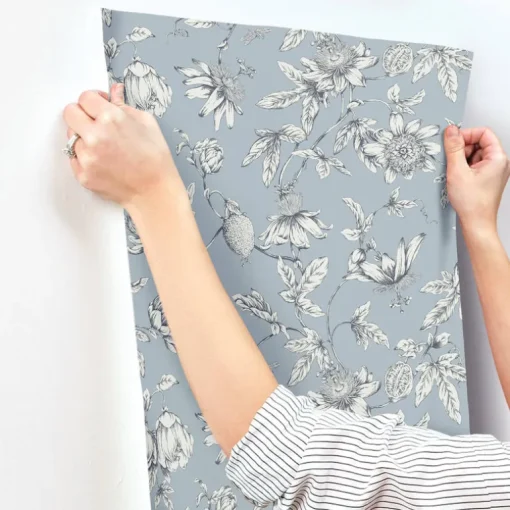 Toile Resource Library Passion Flower Toile Wallpaper - Blue