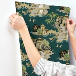 Toile Resource Library Pagoda And Sampan Scenic Wallpaper - Green