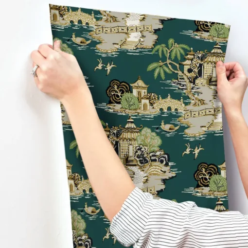 Toile Resource Library Pagoda And Sampan Scenic Wallpaper - Green
