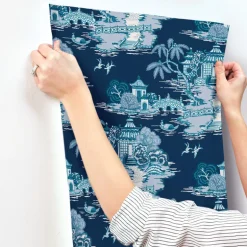 Toile Resource Library Pagoda And Sampan Scenic Wallpaper - Blue