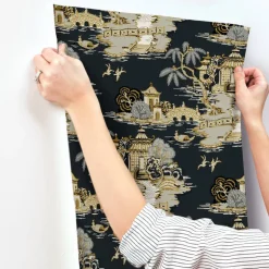 Toile Resource Library Pagoda And Sampan Scenic Wallpaper - Black